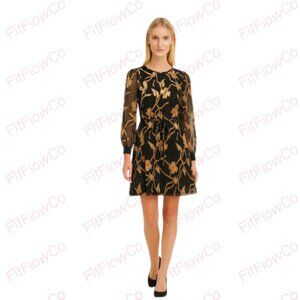 🌹 Tommy Hilfiger Black & Gold Floral Fit-and-Flare Dress – Size 4 – EUC